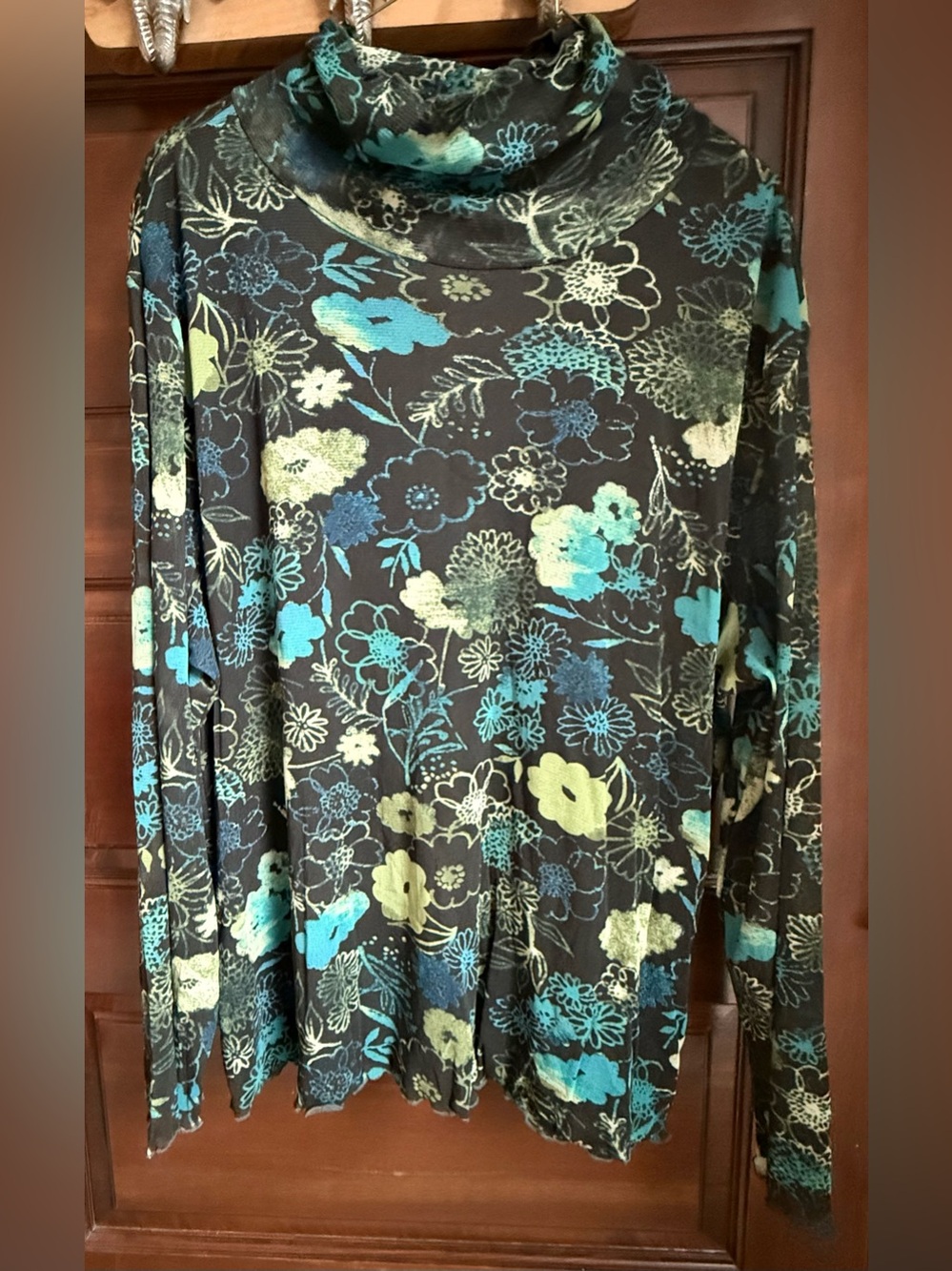 Sigrid Olsen Plus Size Women’s Black  Long-Sleeve Top Teal & Lime Floral Print